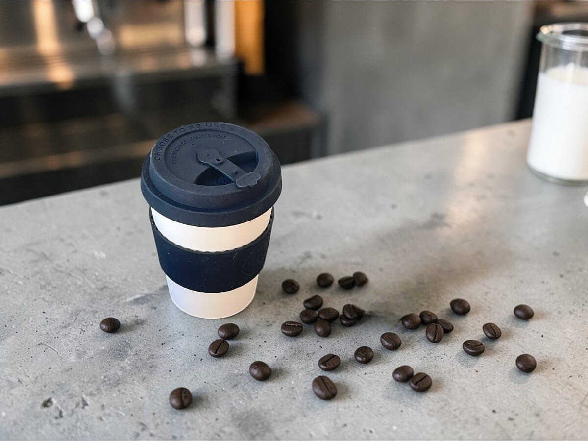 Espresso Mehrwegbecher Weiss Schwarz 180ml Black Nature auf grauer Betontheke vor Espressomaschine mit verstreuten Kaffeebohnen und Milchglas in professioneller Kaffeebar-Atmosphäre