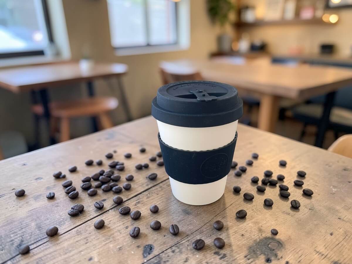 Espresso Mehrwegbecher Weiss Schwarz 180ml Black Nature auf rustikalem Holztisch mit verstreuten Kaffeebohnen in gemütlichem Café mit Holzmöbeln und warmem Tageslicht