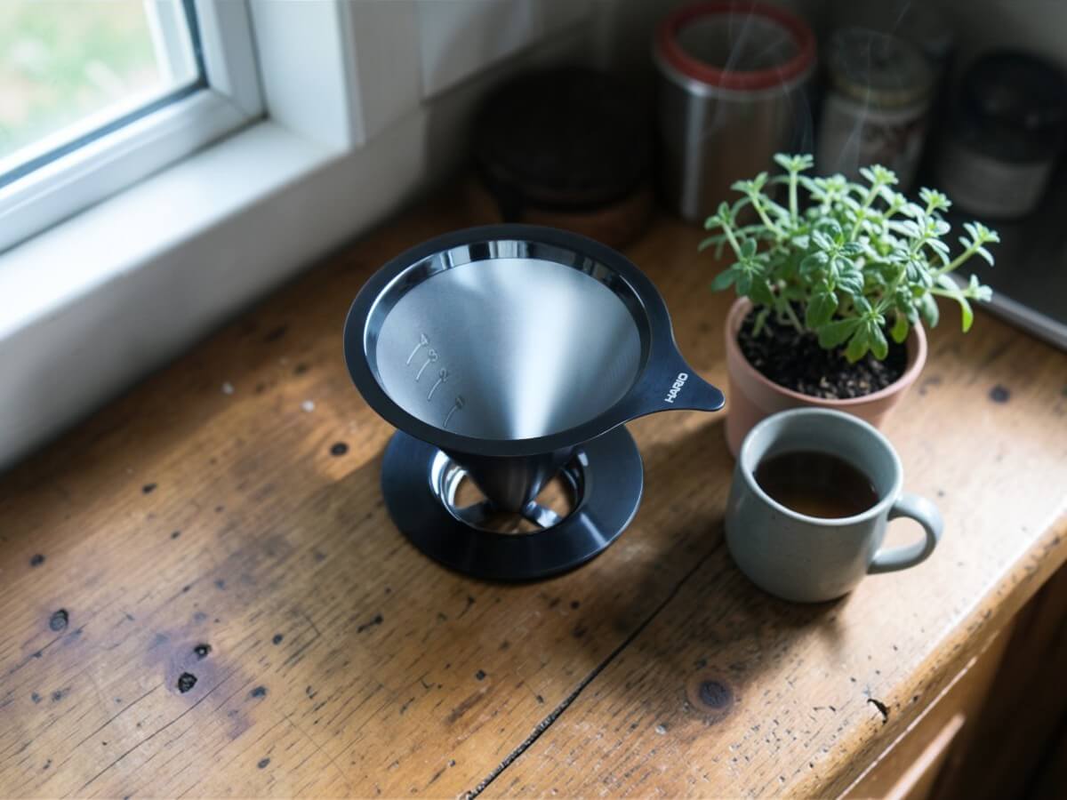 Hario Edelstahl Kaffeefilter Schwarz beim Aufbruehen von Filterkaffee mit sichtbarem Kaffeefluss durch das Doppelgewebe