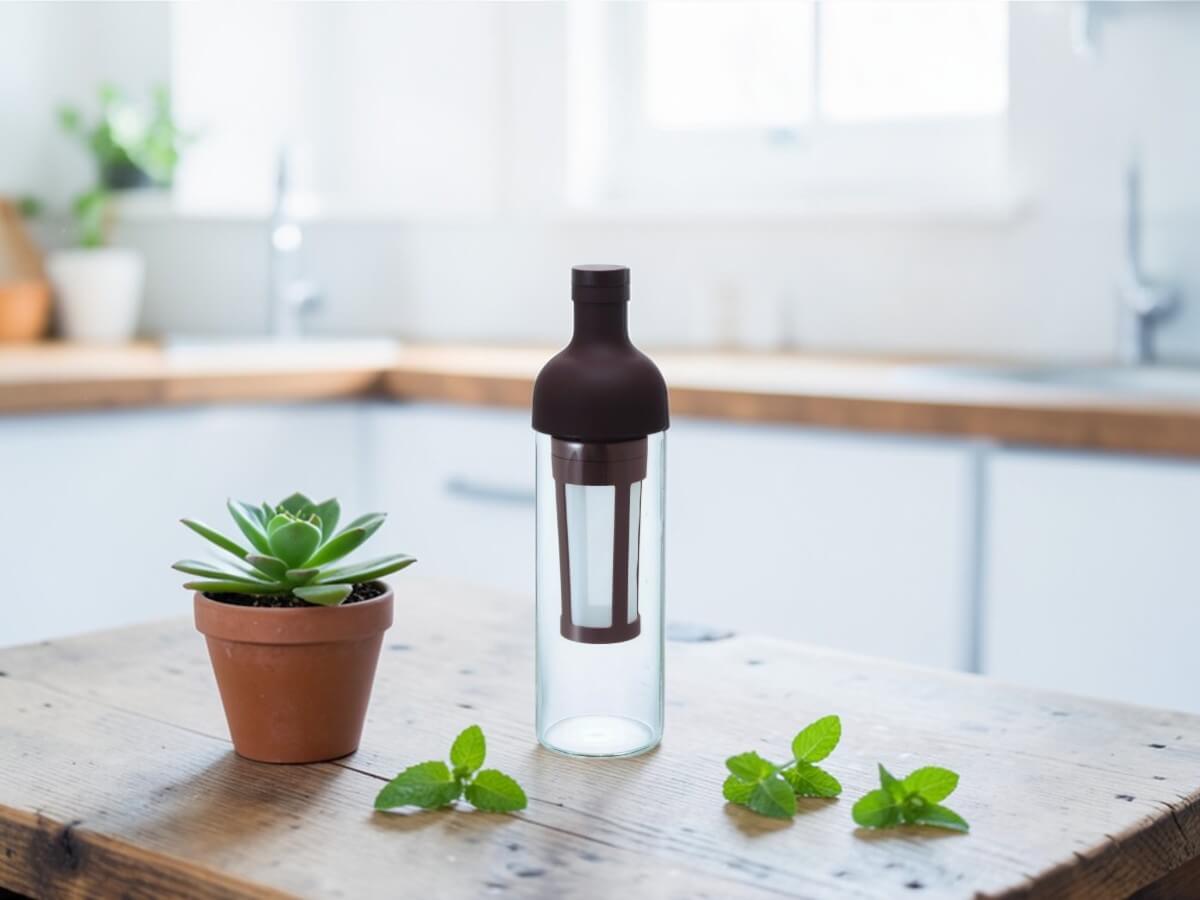 Hario Filter in Coffee Bottle FIC 70 CBR in Chocolate Brown auf Holztisch in heller Kueche mit Minzblättern und Sukkulente