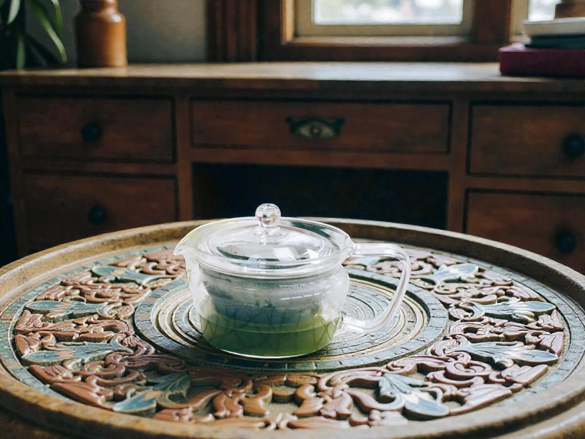 Hario Green Tea Pot Zen 300 ml CHZ 30T aus Glas mit integriertem Teesieb gefuellt mit grünem Tee auf verziertem Tisch