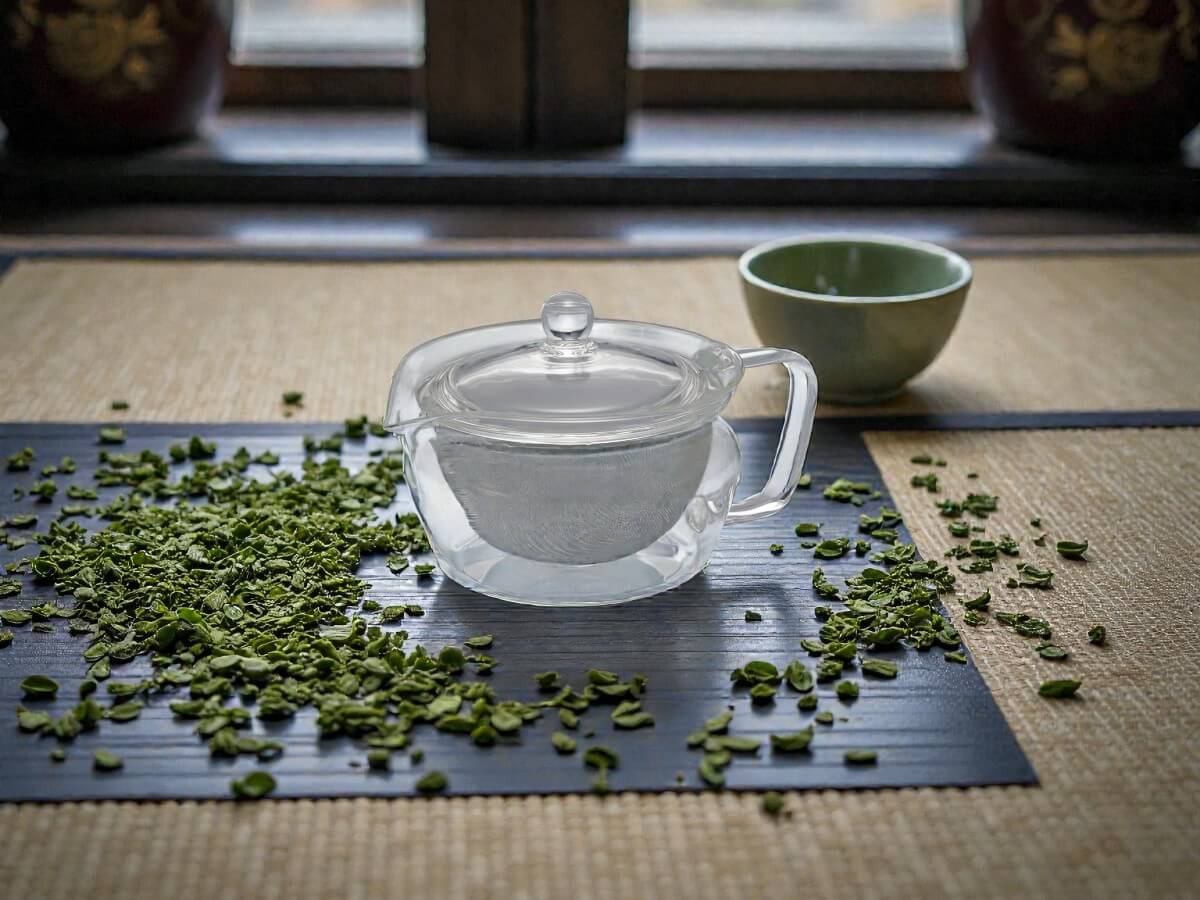 Hario Green Tea Pot Zen 300 ml CHZ 30T aus Glas mit integriertem Teesieb auf Tisch mit grünem Tee