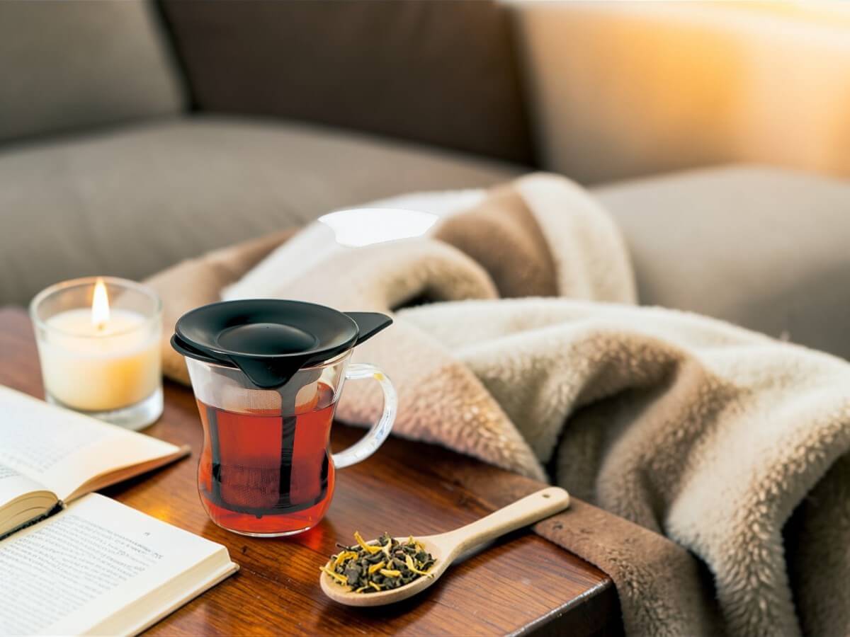 Hario Teebereiter aus Glas fuer eine Tasse mit integriertem Filter, gefuellt mit Tee auf Holztisch neben Buch und Kerze in gemuetlicher Wohnzimmeratmosphaere