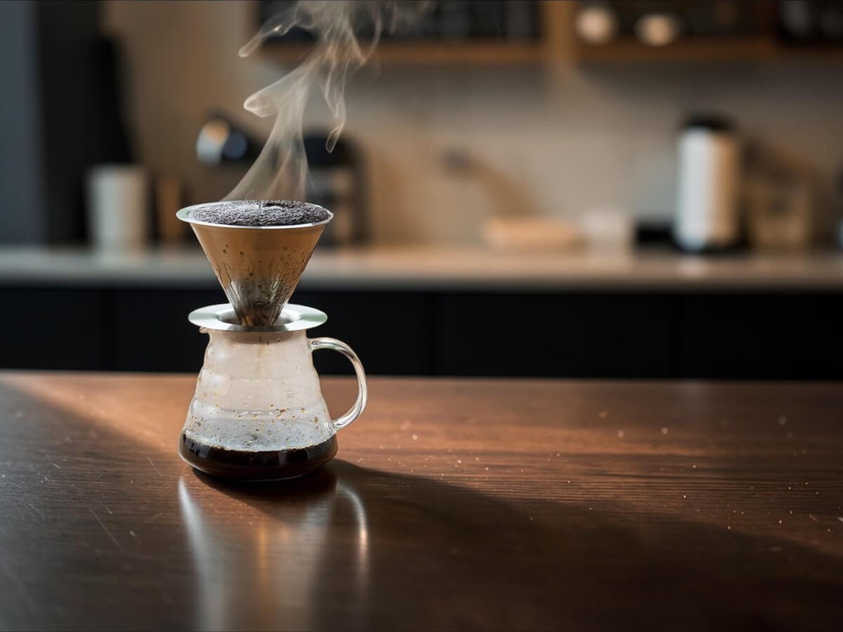 Hario V60 Double Mesh Metallfilter 02 aus Edelstahl beim Pour Over Bruehvorgang auf Hario Range Server mit aufsteigendem Kaffeedampf