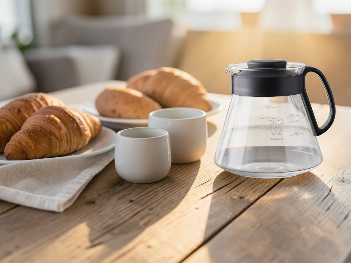 Hario V60 Range Server 600 ml glass coffee server with black handle and lid on wooden table with cups and croissants in a warm brunch setting