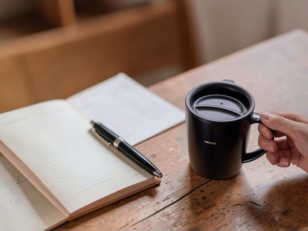 Hario heat retention mug with lid 300 ml black on wooden desk next to notebook and pen