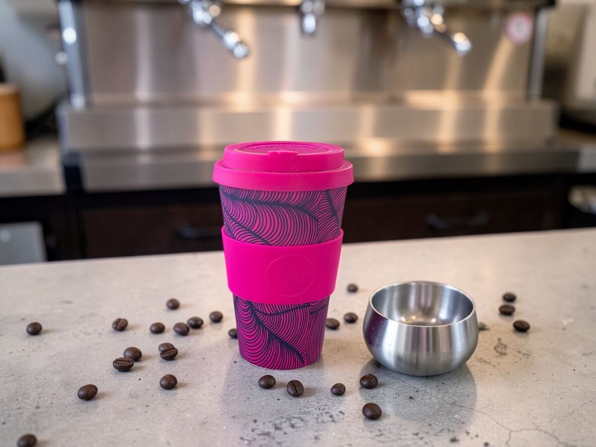 Tazza da caffè in PLA 400ml Otrobanda in magenta su bancone in cemento davanti a macchina espresso professionale con chicchi di caffè sparsi e dosatore in acciaio inossidabile in autentica atmosfera da caffetteria