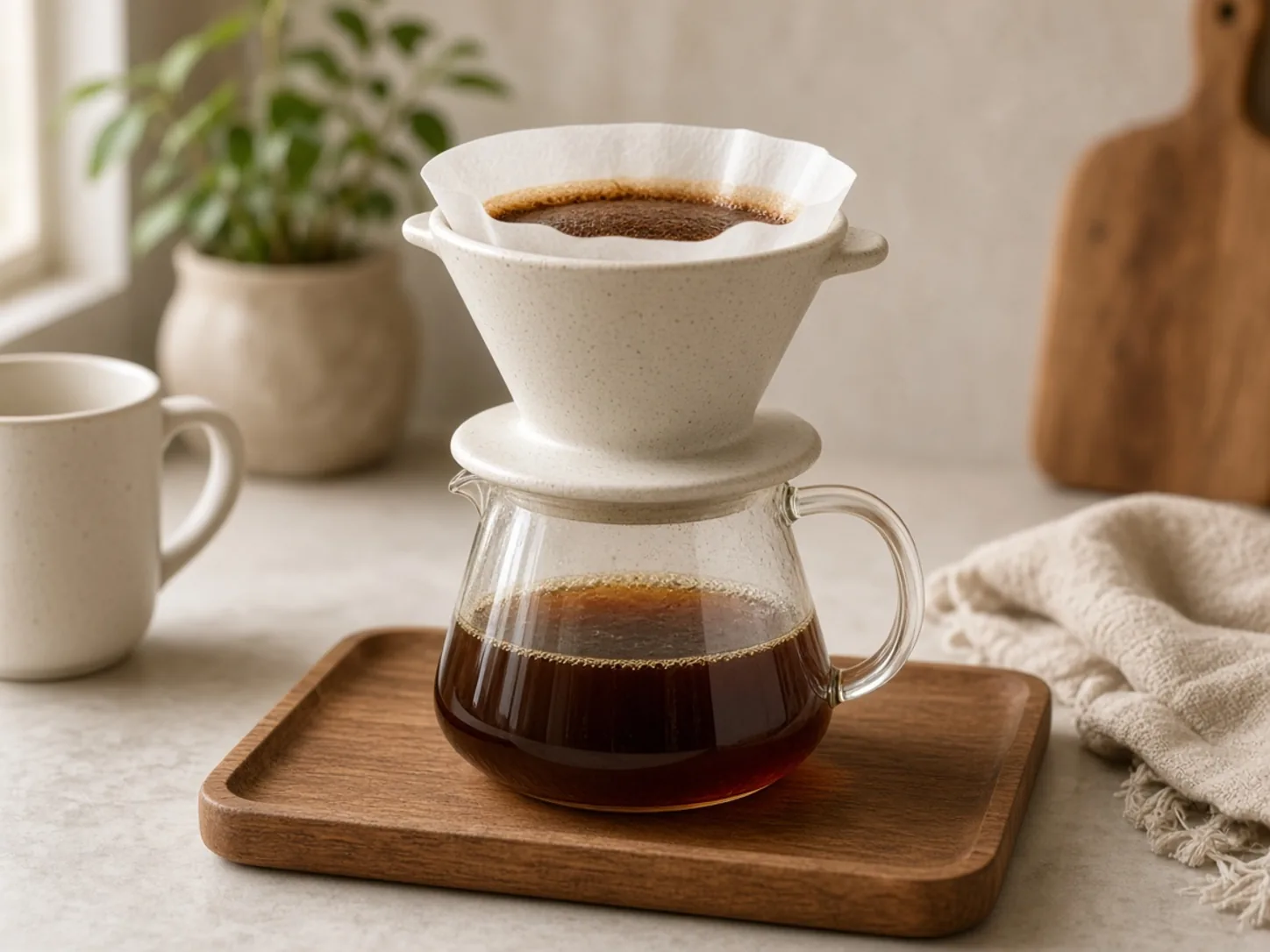 Illustrazione: caffè filtro con filtro in ceramica e caraffa di vetro