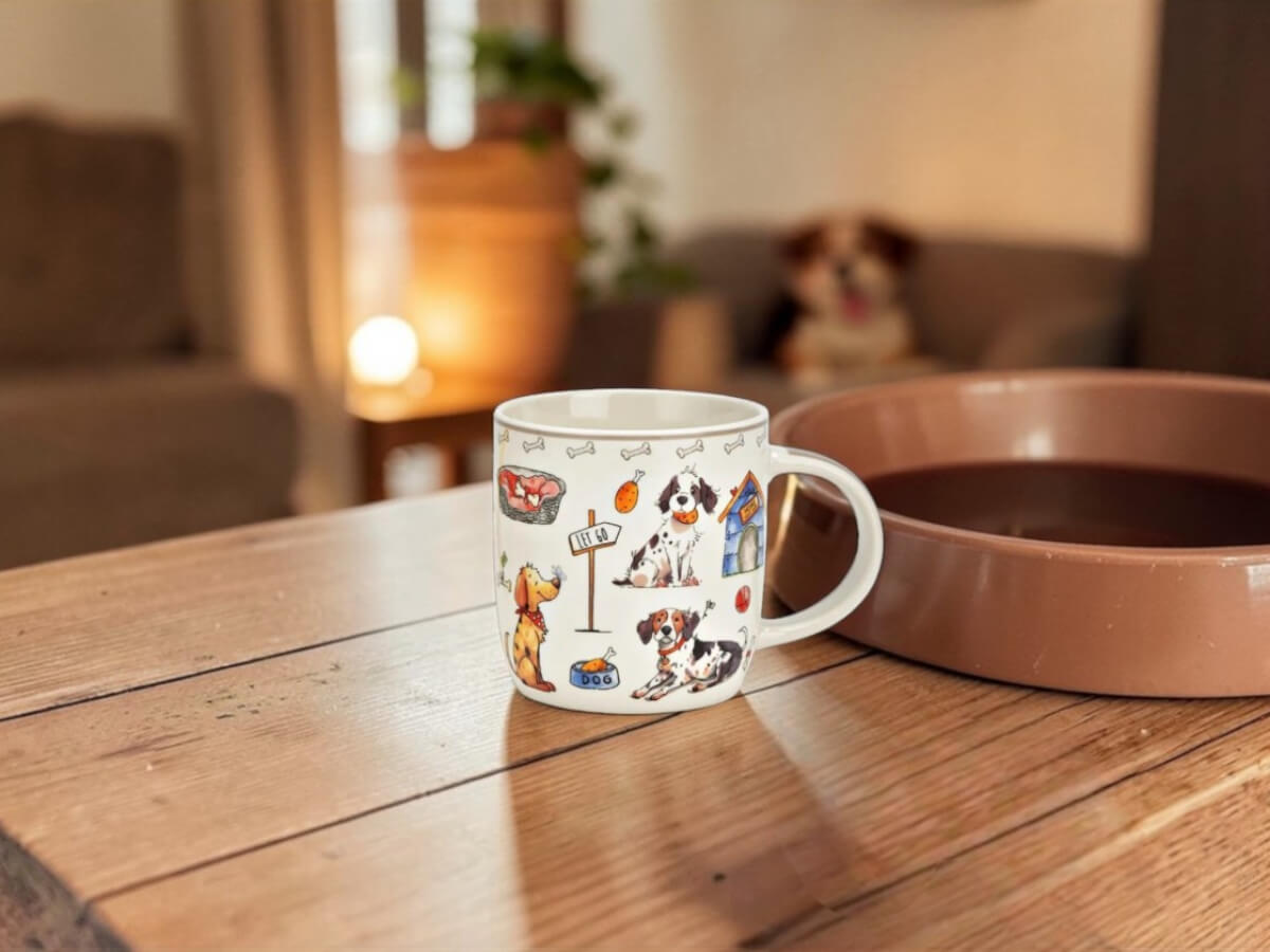 Tazza da caffè in porcellana con illustrazione colorata di cani su tavolo in legno in atmosfera accogliente