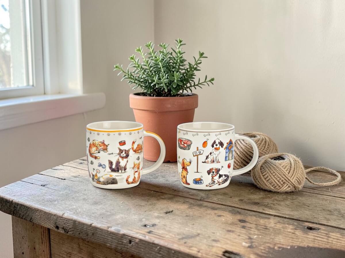 Tazze da caffè in porcellana con illustrazione colorata di gatto e cane su tavolo in legno rustico accanto a pianta