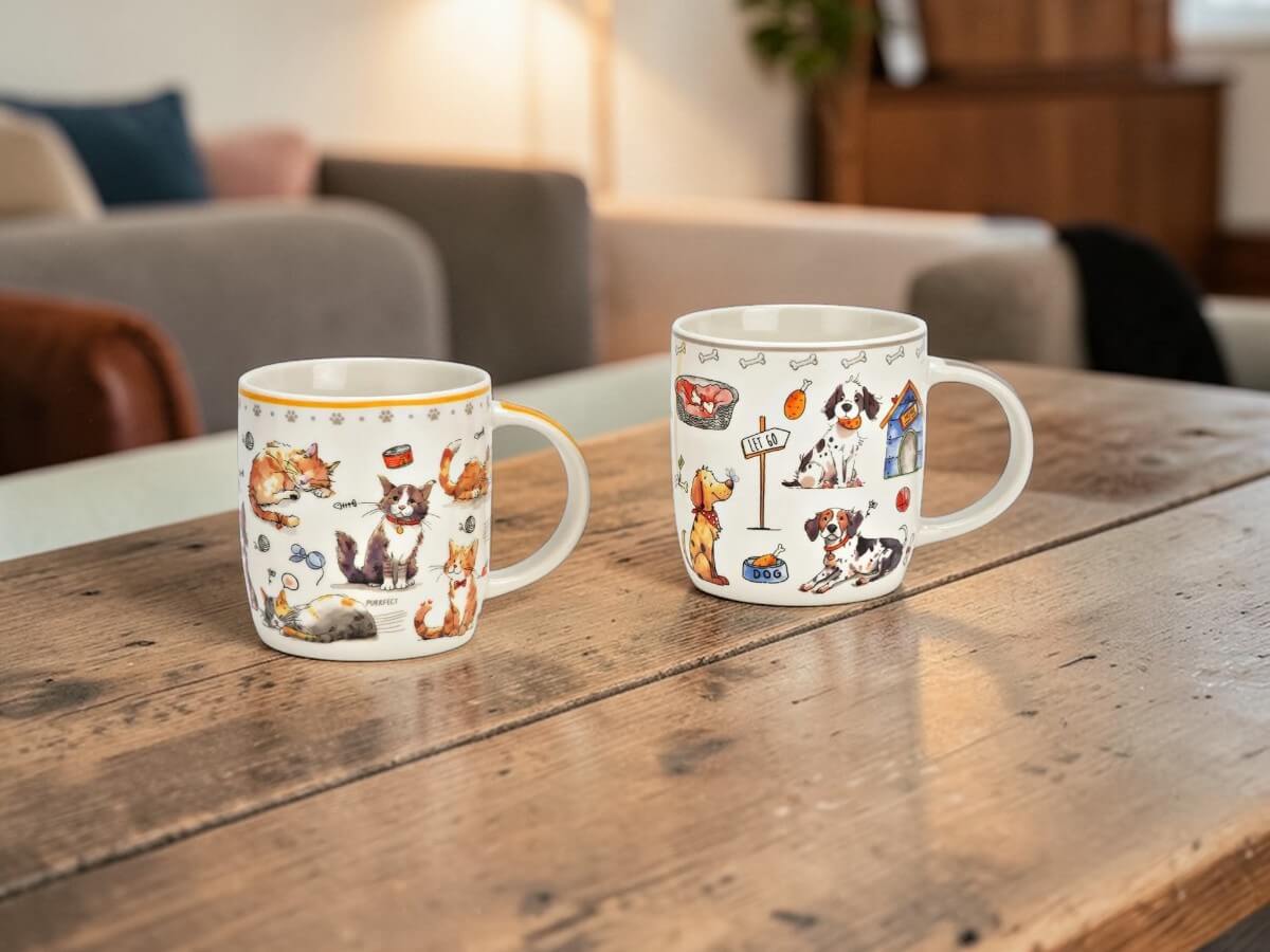 Tazze da caffè in porcellana con illustrazione colorata di gatto e cane su tavolo in legno