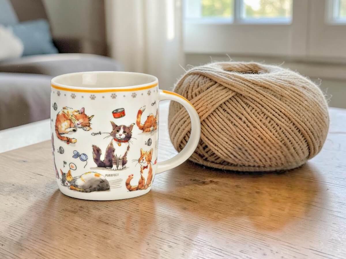 Tazza da caffè in porcellana con illustrazione colorata di gatti su tavolo in legno accanto a gomitolo di lana