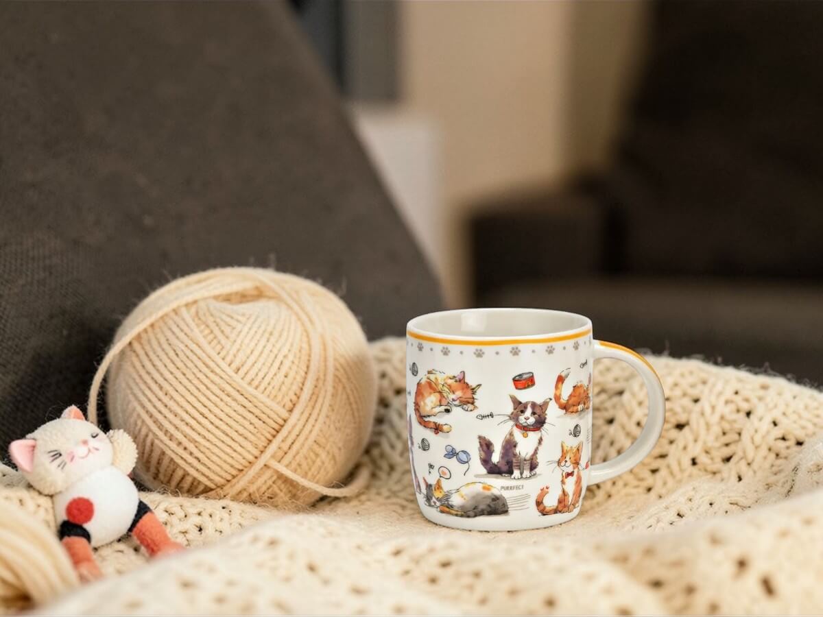 Tazza da caffè in porcellana con illustrazione colorata di gatti su coperta lavorata a maglia accanto a gomitolo e peluche