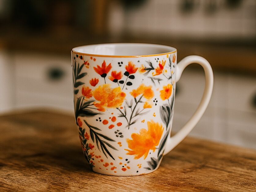 Kaffeetasse mit orangefarbenem Blumenmuster