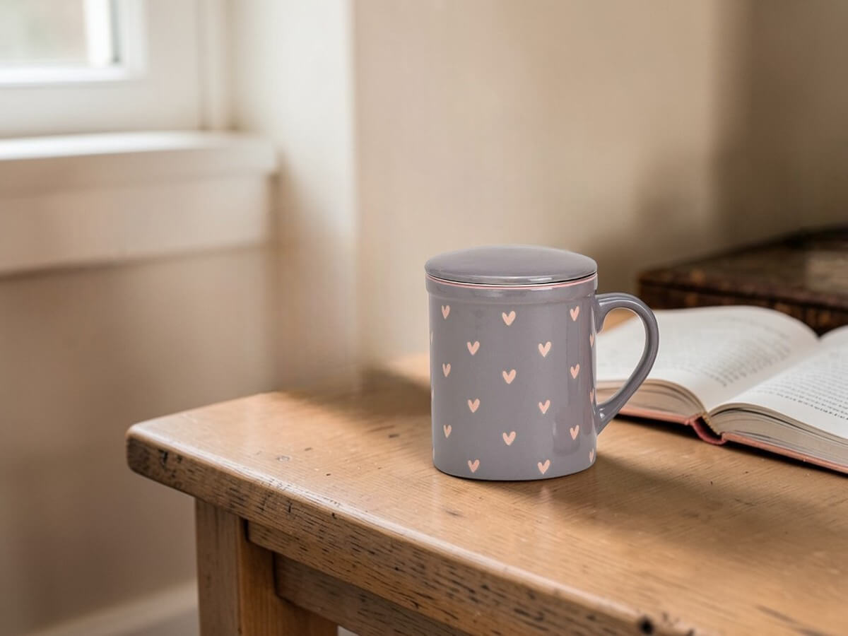 Grauer Keramik Teebecher mit zartem Herz Dekor inklusive Teesieb und Deckel auf Holztisch neben geöffnetem Buch