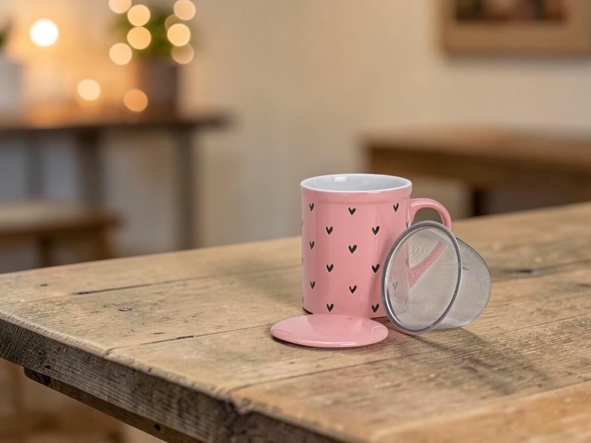 Rosa Keramik Teebecher mit Herz Dekor inklusive Teesieb und Deckel auf Holztisch in gemütlicher Abendstimmung