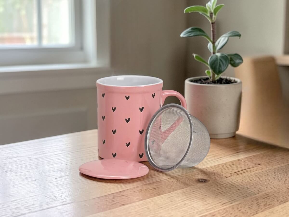 Rosa Keramik Teebecher mit Herz Dekor inklusive Teesieb und Deckel auf Holztisch neben kleiner Zimmerpflanze