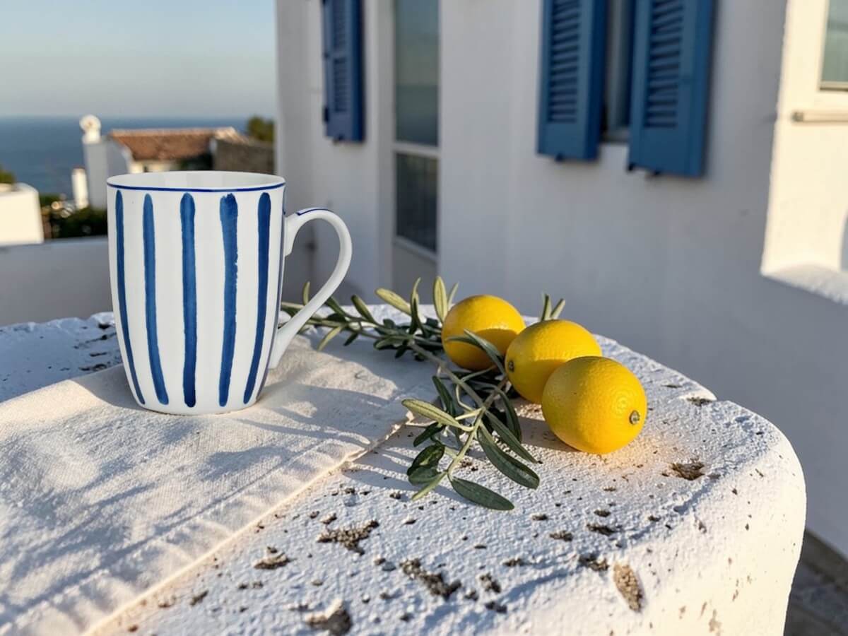 Porcelain mug Pinselstrich Indigo with blue stripes on white stone wall with lemons olive branch and blue shutters in Greek style with sea view at golden hour