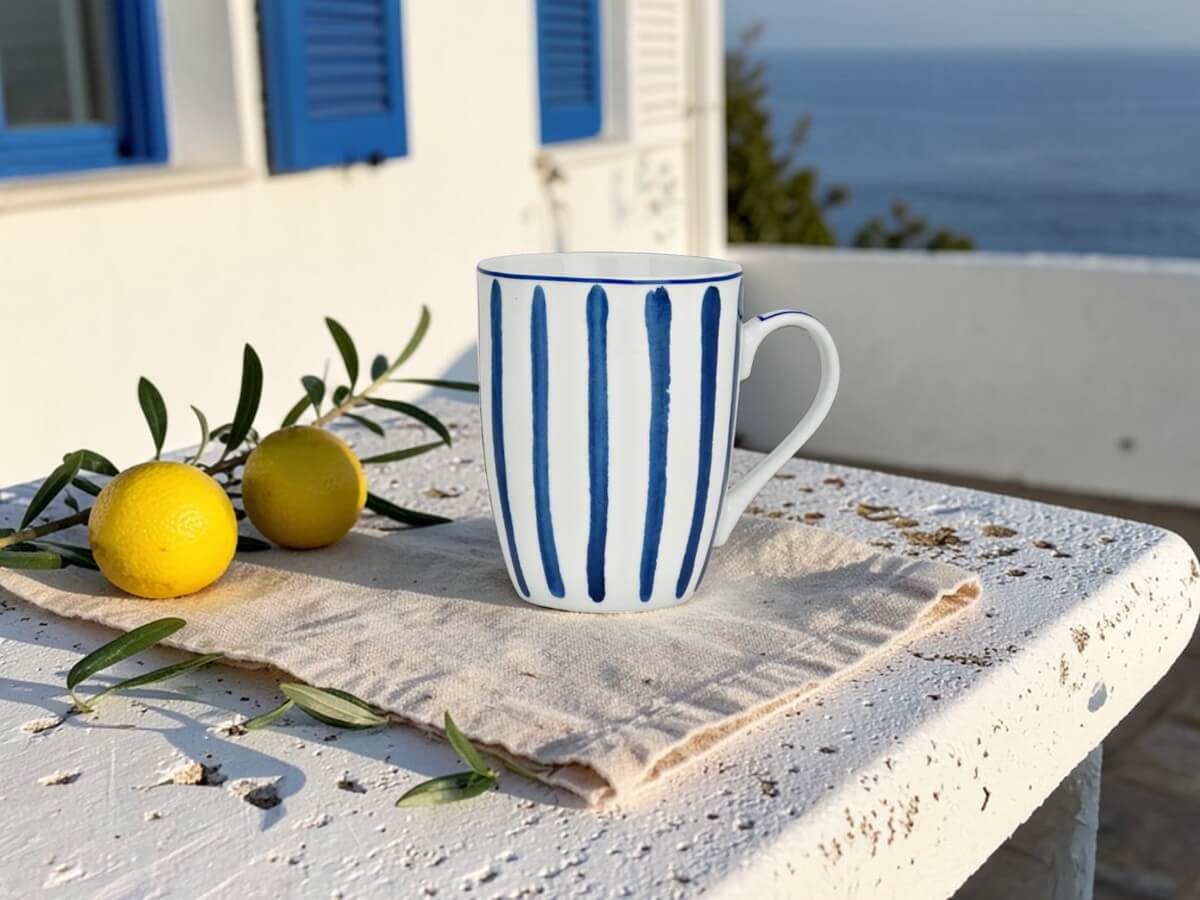 Porcelain mug Pinselstrich Indigo with blue stripes on linen cloth on white stone terrace with lemons olive branch and blue shutters with sea view in sunlight