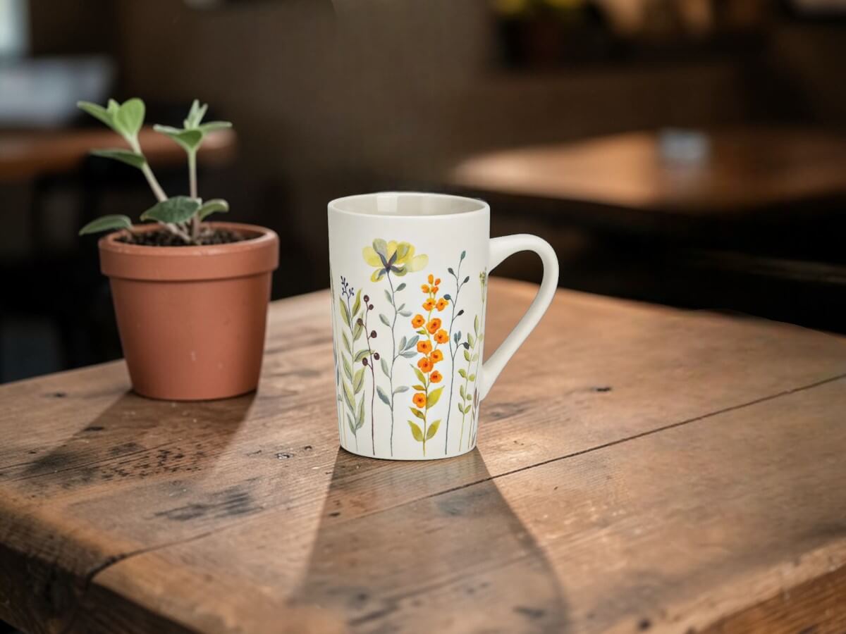 Tazza in porcellana bianca 385 ml con decorazione floreale prato in giallo e arancione su tavolo in legno accanto a piccola pianta in ambiente caffetteria