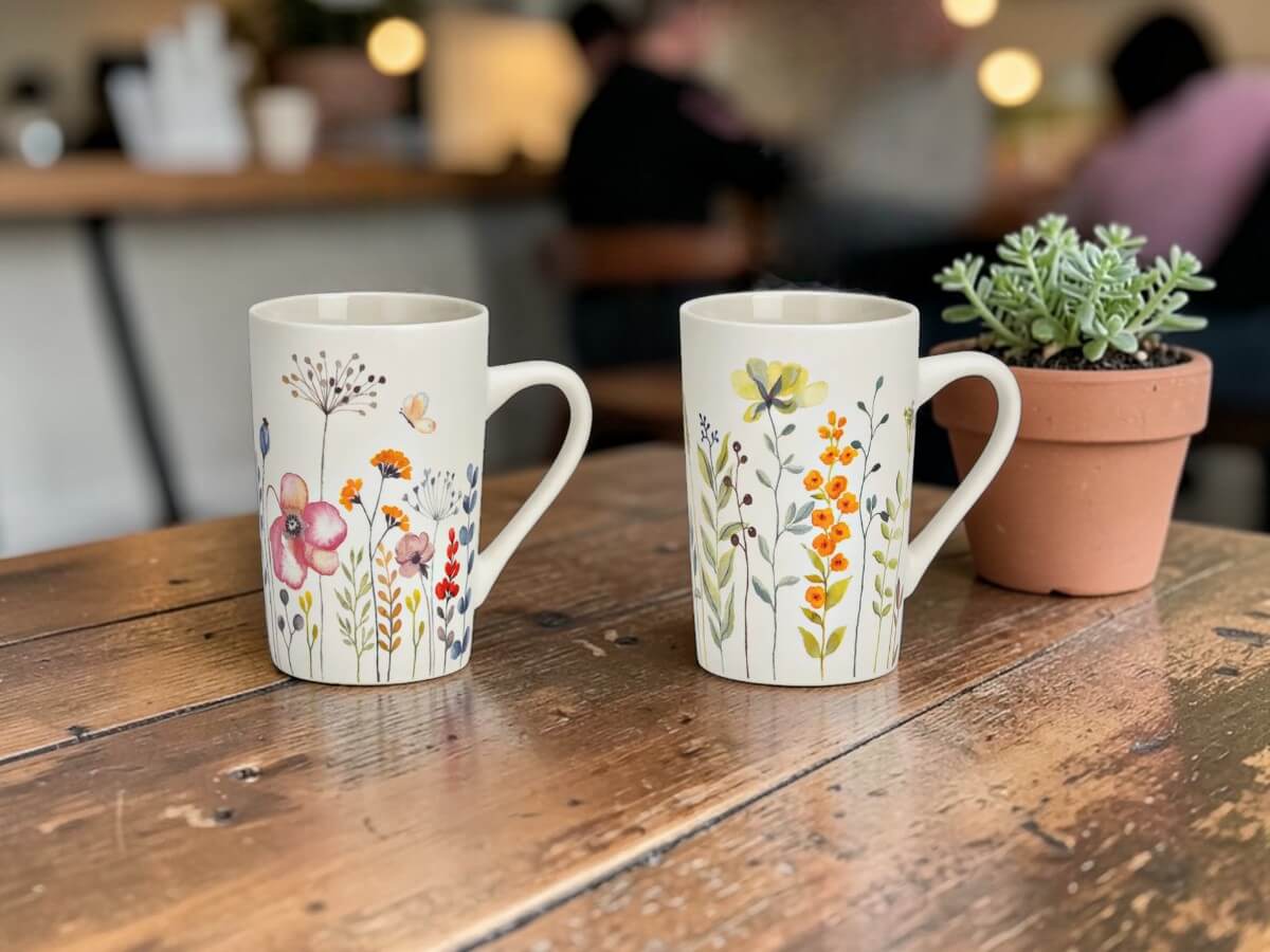 Due tazze in porcellana bianca 385 ml con decorazione floreale colorata stile fiori di campo su tavolo in legno con piccola pianta in ambiente caffetteria