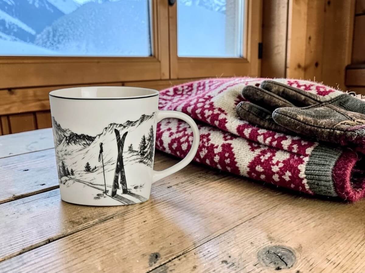 Porcelain mug Pulverschnee with ski and mountain panorama pattern on rustic wooden table in alpine chalet with red and white Norwegian pattern wool blanket ski gloves and snowy mountain view through wooden window