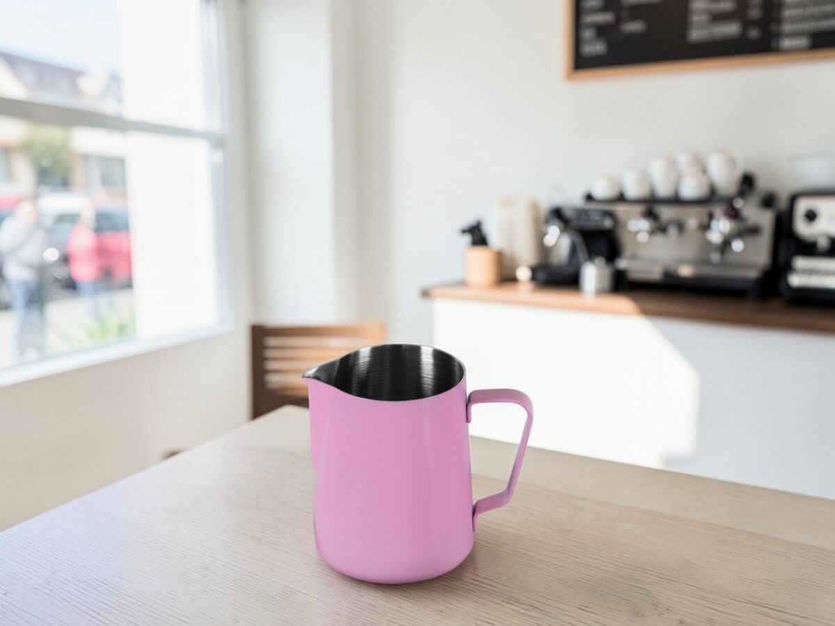 Rhino Classic Milchkanne 450ml in Pink Marshmallow auf hellem Cafétisch mit Espressomaschine im Hintergrund