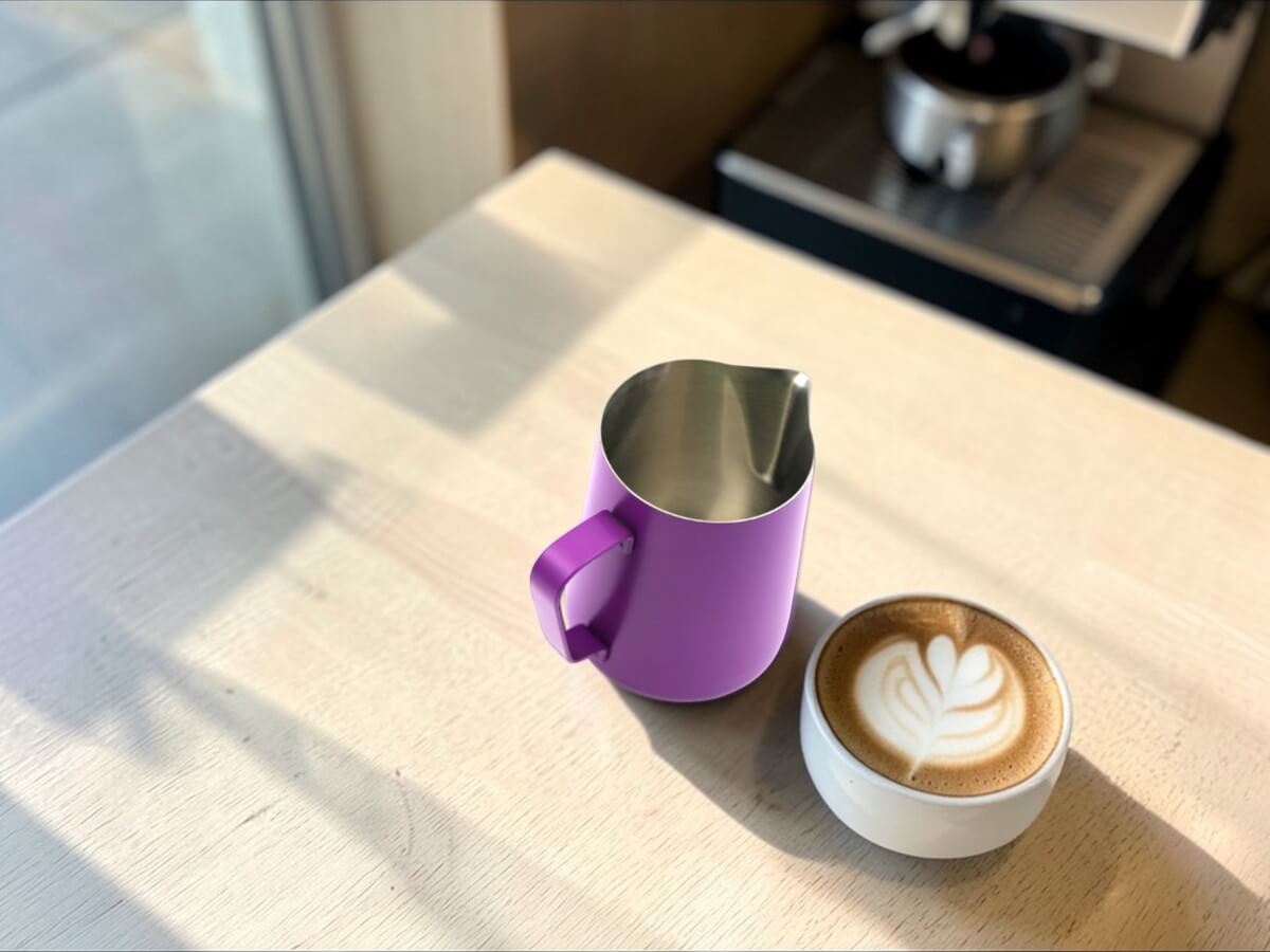 Rhino Classic Milchkanne 450ml in Vivid Plum neben Cappuccino mit Latte Art auf hellem Cafétisch