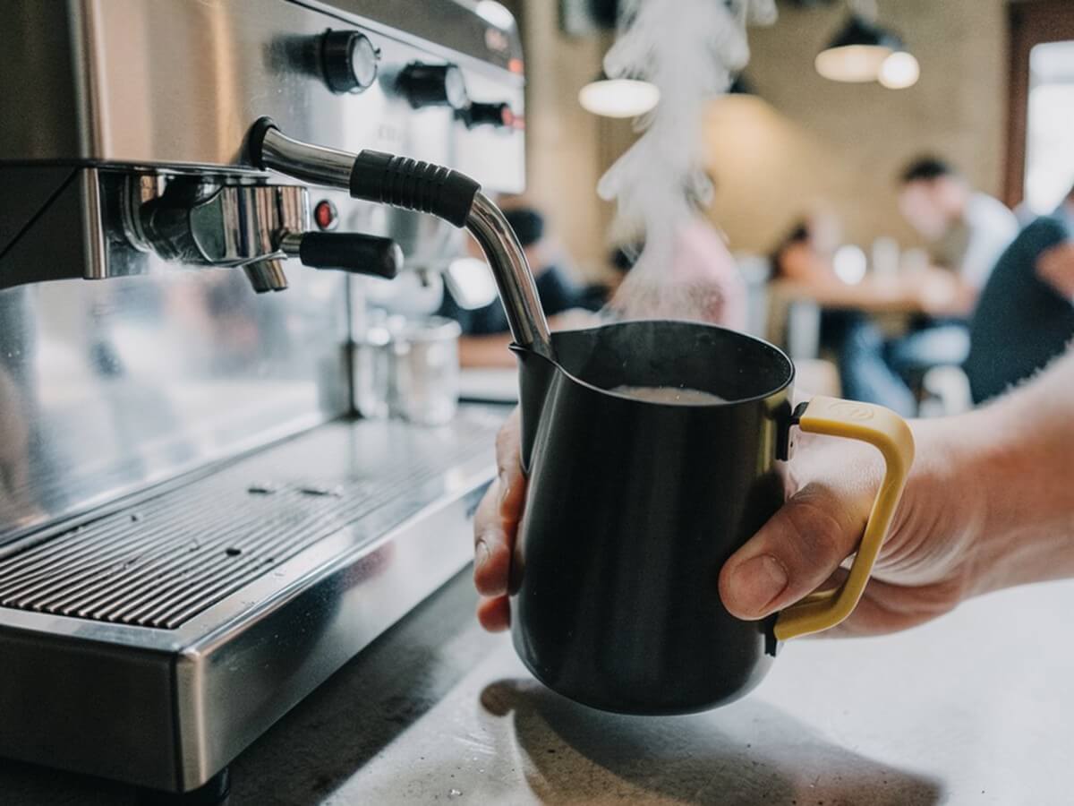 Rhino Yellow Silikon Griffüberzug 12oz an Milchkännchen unter Dampfdüse einer Espressomaschine