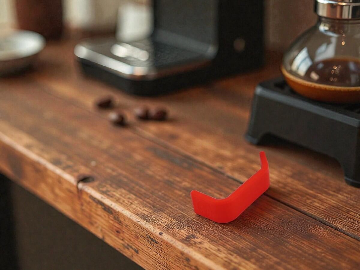 Rhino Red Silikon Griffüberzug 12oz auf rustikalem Holztisch mit Kaffeezubereitung im Hintergrund
