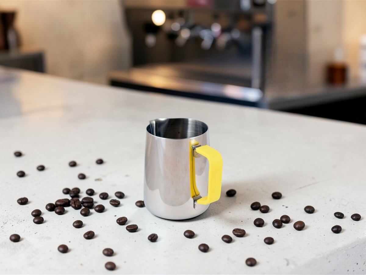 Rhino Yellow Silikon Griffüberzug 32oz an Milchkännchen auf Betonoberfläche mit verstreuten Kaffeebohnen
