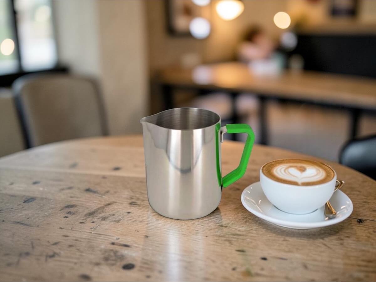 Rhino Green Silikon Griffüberzug 32oz an Milchkännchen neben Cappuccino mit Latte Art auf Holztisch