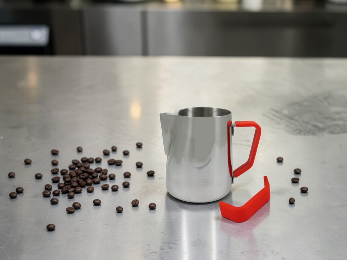 Rhino Red Silikon Griffüberzug 32oz an Milchkännchen auf Metalloberfläche mit Kaffeebohnen