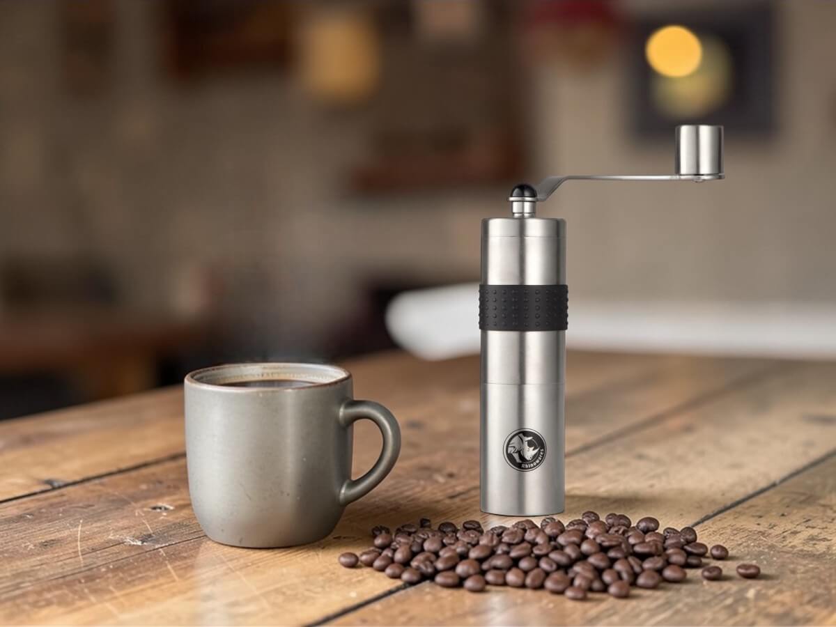 Moulin à café manuel Rhino en acier inoxydable sur table en bois à côté d'une tasse de café chaud et grains de café
