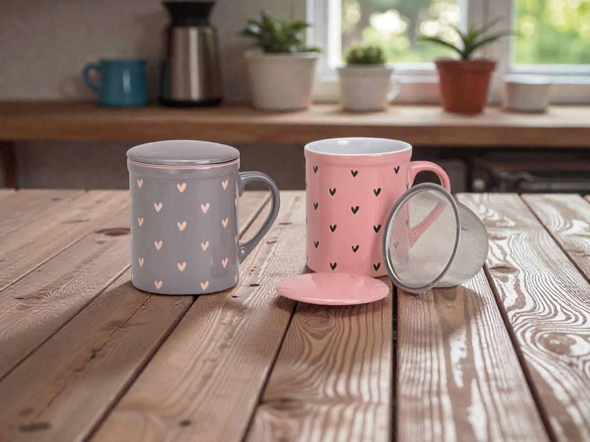Zwei Porzellan Teebecher mit Herz Dekor in Grau und Rosa mit Teesieb und Deckel auf rustikalem Holztisch in heller Wohnküche