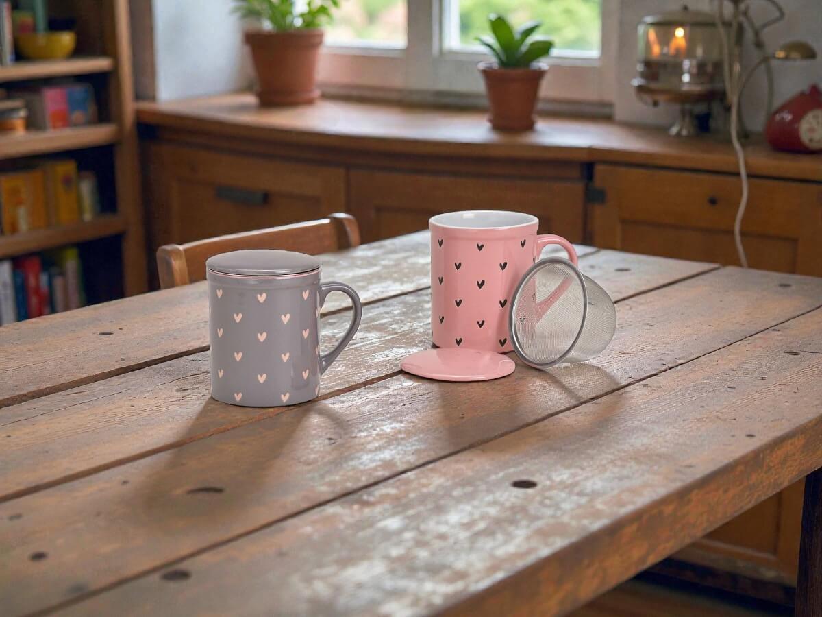 Zwei Keramik Teebecher mit Herz Dekor in Grau und Rosa mit Teesieb und Deckel auf rustikalem Holztisch in gemütlicher Wohnküche