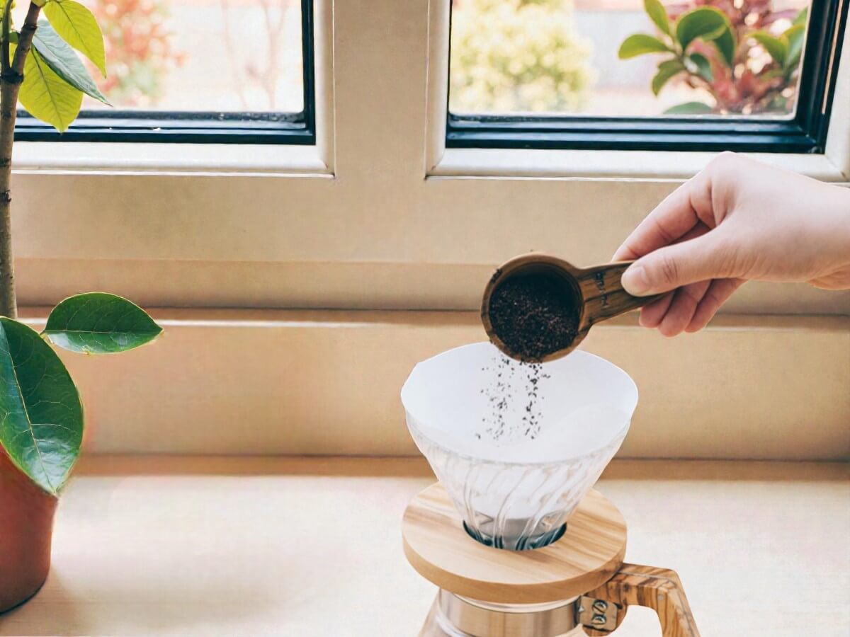 V60 Messlöffel 12g aus Holz beim Dosieren von Kaffeepulver in Handfilter am Fenster mit Pflanze