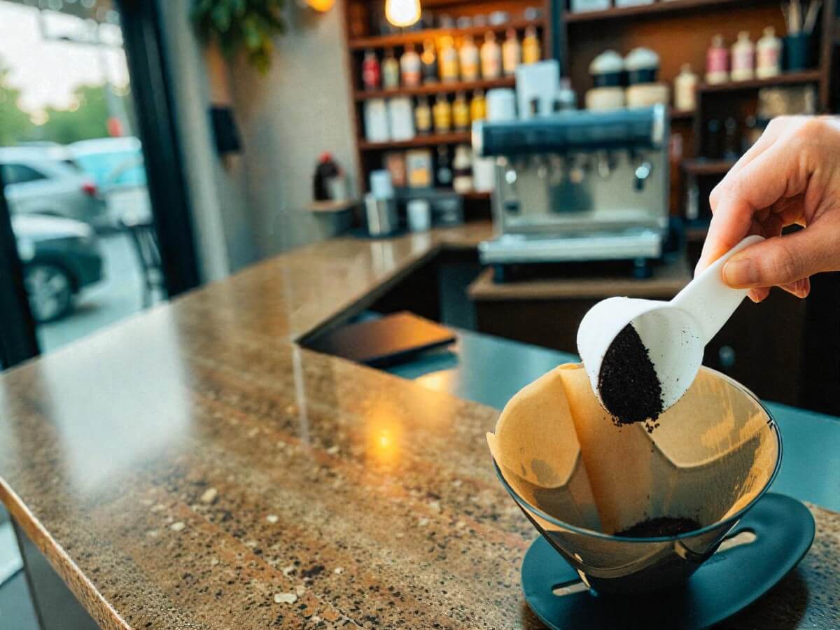 V60 Messlöffel 12g in Weiss beim Dosieren von Kaffeepulver in Handfilter auf Café-Theke