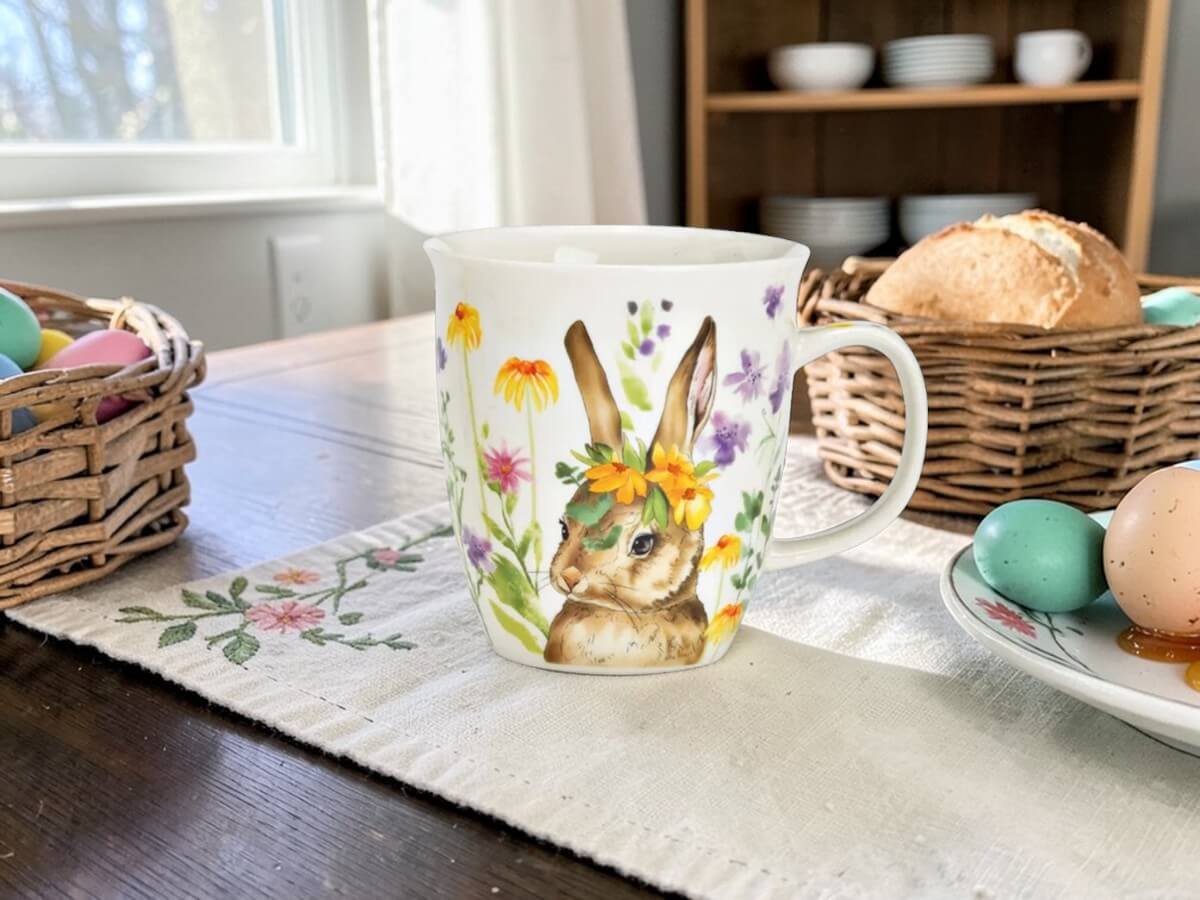 Porzellanbecher Wiesenhase Gelber Blütenkranz mit Hasen- und Blumendekor auf besticktem Tischläufer auf dunklem Holztisch mit bunten Ostereiern im Weidenkorb Brot und Honig in rustikaler Bauernhausküche mit Holzregal