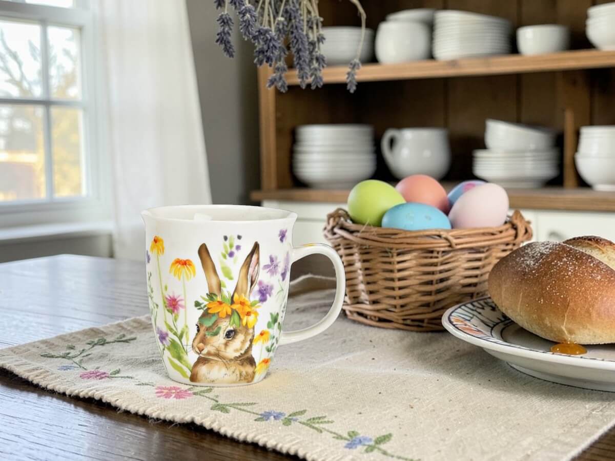 Porzellanbecher Wiesenhase Gelber Blütenkranz mit Hasen- und Blumendekor auf besticktem Tischläufer auf Holztisch mit bunten Ostereiern im Weidenkorb Brötchen getrockneter Lavendel und weissem Porzellan auf offenem Küchenregal