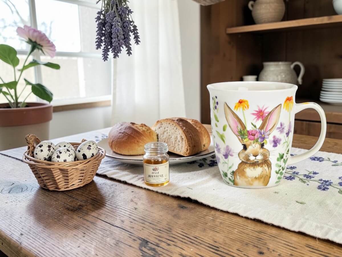 Porcelain mug Wiesenhase Rosa Blütenkranz with rabbit and flower pattern on embroidered table runner on rustic wooden table with quail eggs in small basket sliced bread honey and dried lavender in cozy country kitchen