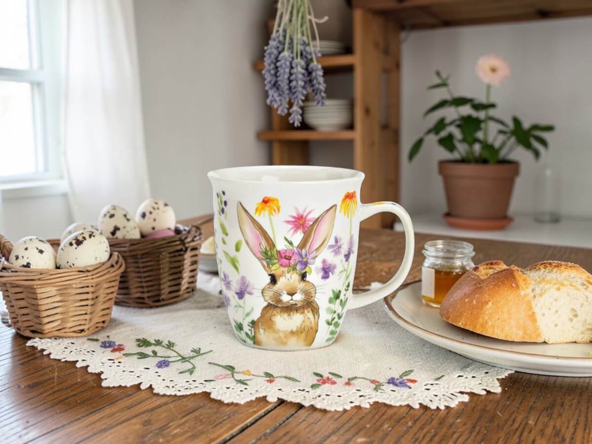 Porcelain mug Wiesenhase Rosa Blütenkranz with rabbit and flower pattern on embroidered linen doily on oak table with quail eggs in wicker basket honey bread and dried lavender in rustic farmhouse kitchen