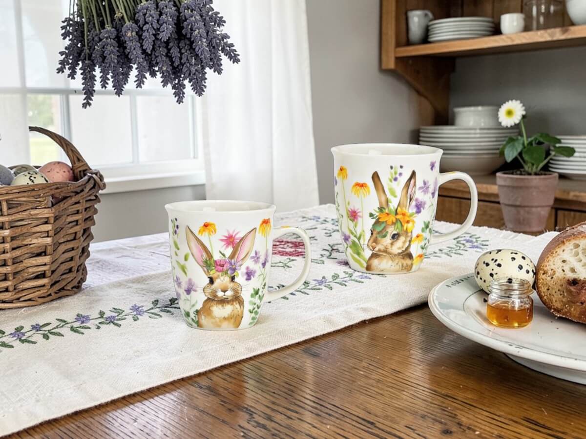 Two porcelain mugs Wiesenhasen with rabbit and flower pattern on embroidered table runner on oak table with Easter eggs in wicker basket dried lavender honey and bread in rustic farmhouse kitchen