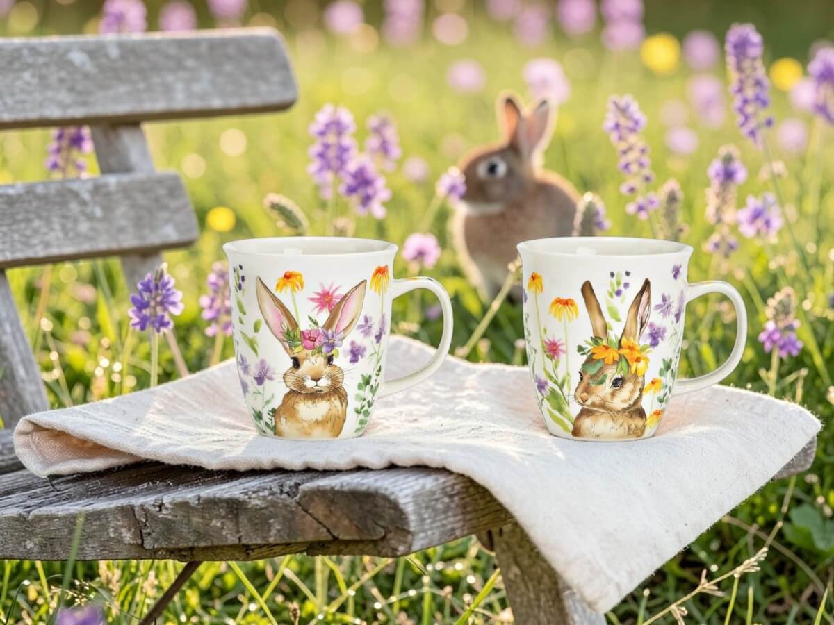 Two porcelain mugs Wiesenhasen with rabbit and flower pattern on linen cloth on weathered wooden garden bench in blooming spring meadow with real rabbit lavender and wildflowers in golden morning light